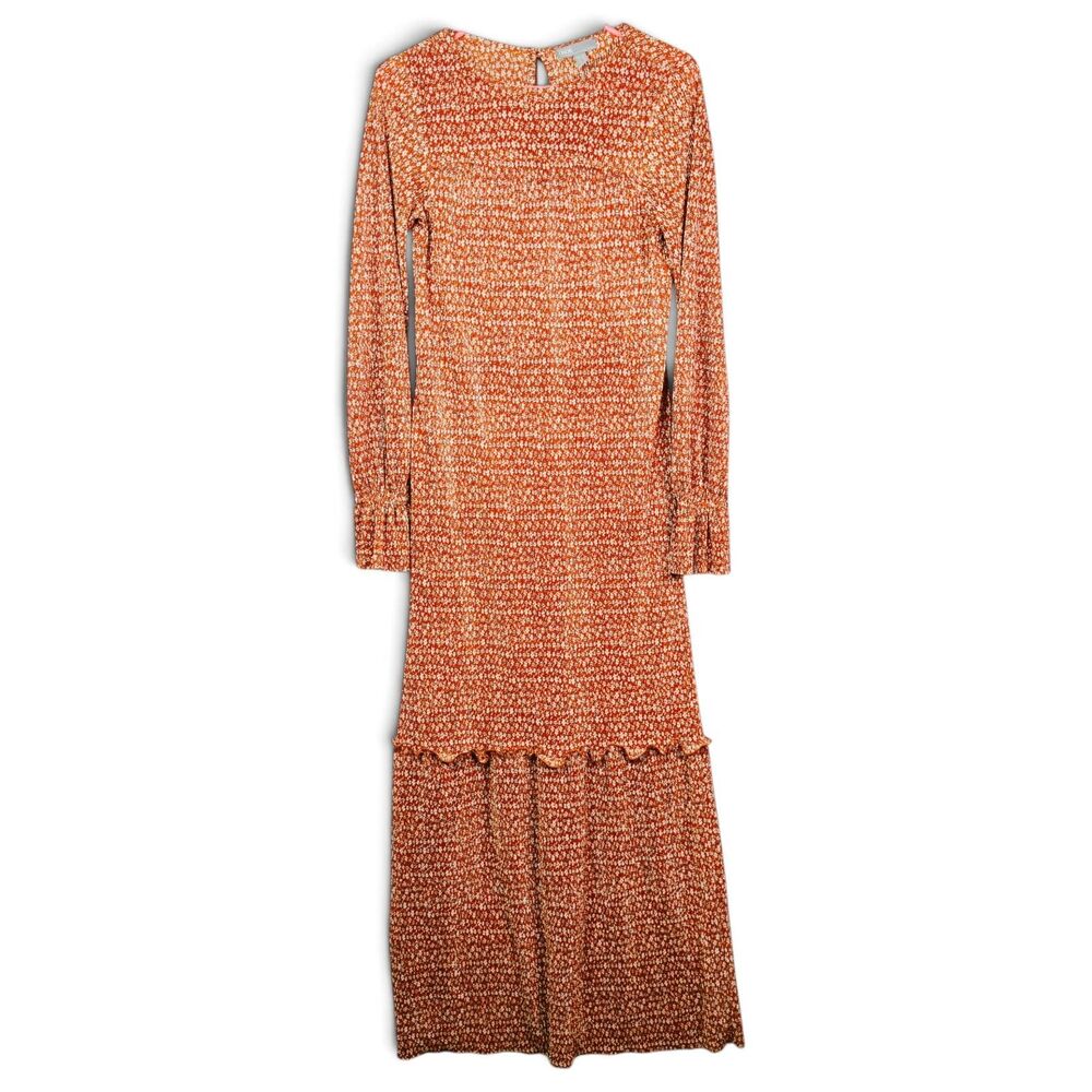 orange ditsy floral pleated maxi dress sz 4 long sleeve ruffle hem boho by asos
